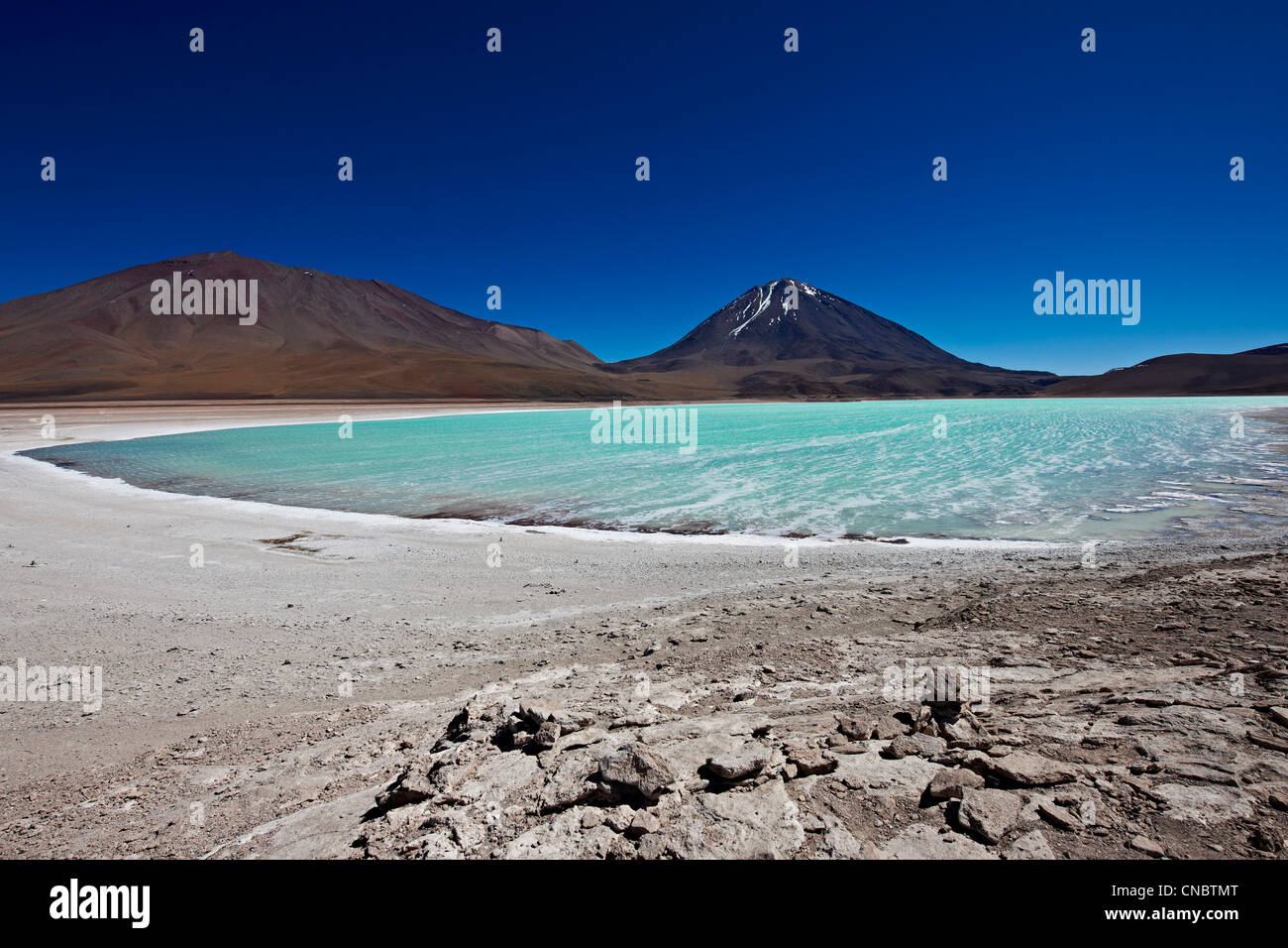 Green Lagoon or Laguna Verde at 4300m with Vulcano Licancabur 5920m, Reserva Nacional de Fauna Andina Eduardo Abaroa, Bolivia Stock Photo