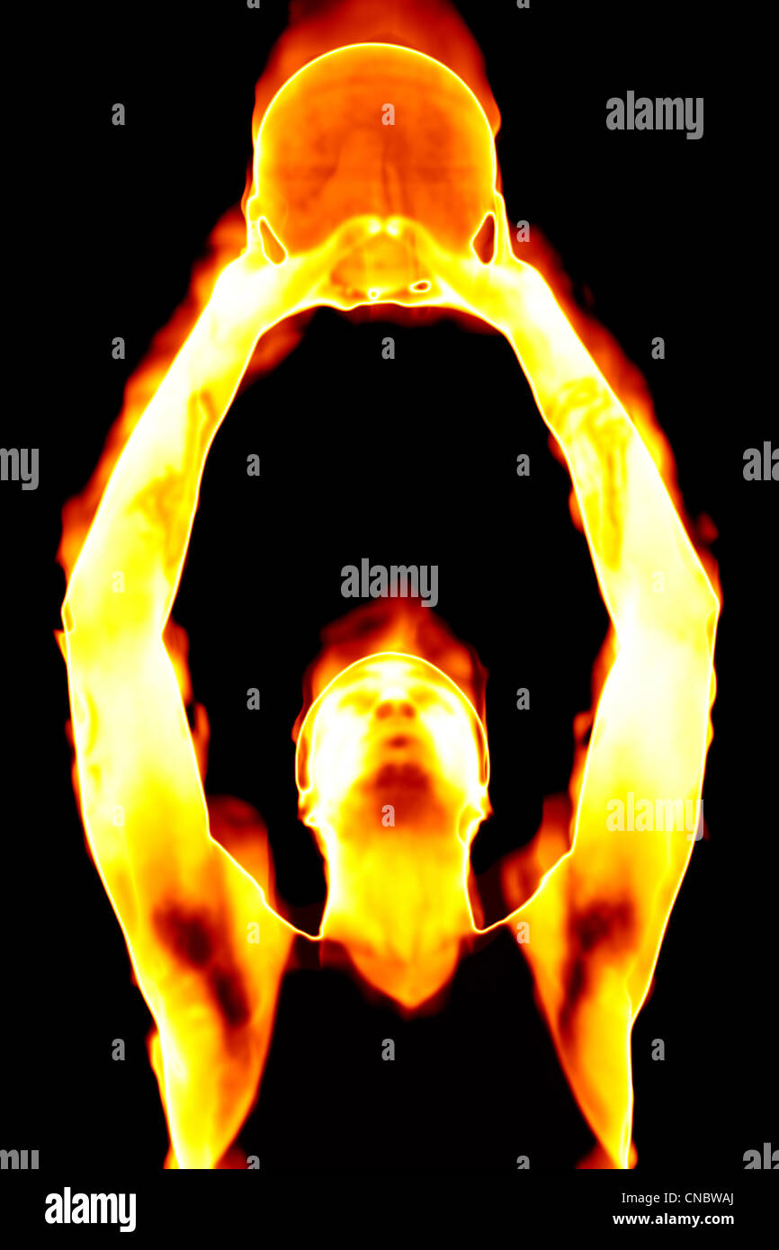 Abstract illustration of a basketball player in flames. Stock Photo
