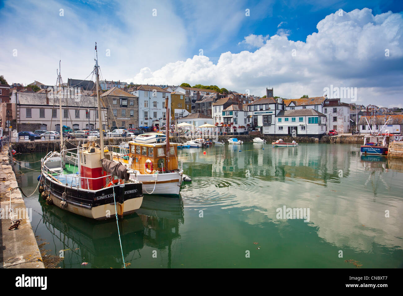 A mixture of different inns and pubs surround the original harbour in Falmouth, Cornwall, England, UK Stock Photo