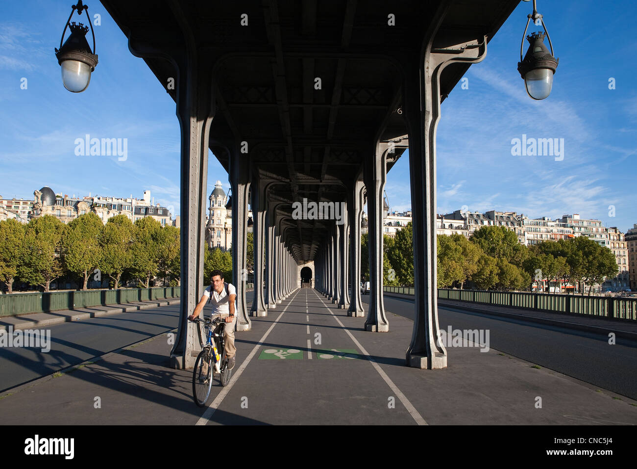 France, Paris, Pont Bir-Hakeim, man riding a bicycle on the Pont Bir-Hakeim, aerial metro line 6 and Passy area buildings Stock Photo