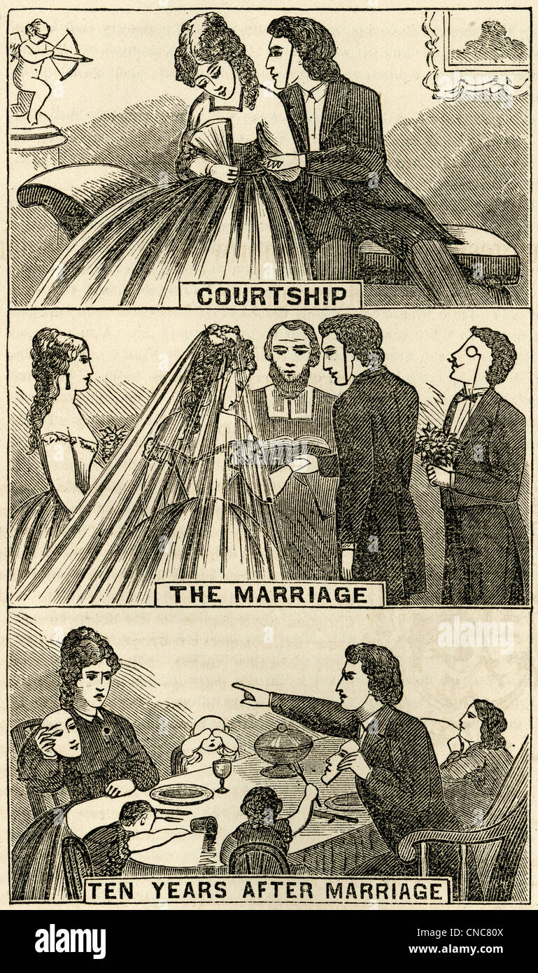 1871 engraving, The Masks Must Finally Come Off: Courtship, Marriage, Ten Years Later. Stock Photo