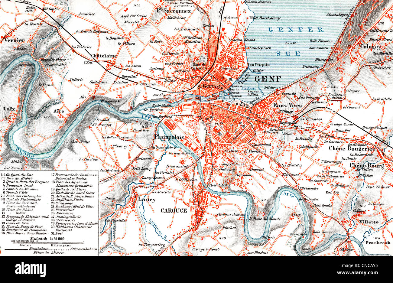 Historical map of Geneva, Switzerland, 1890; Historischer Stadtplan von Genf, Schweiz, 1890 Stock Photo