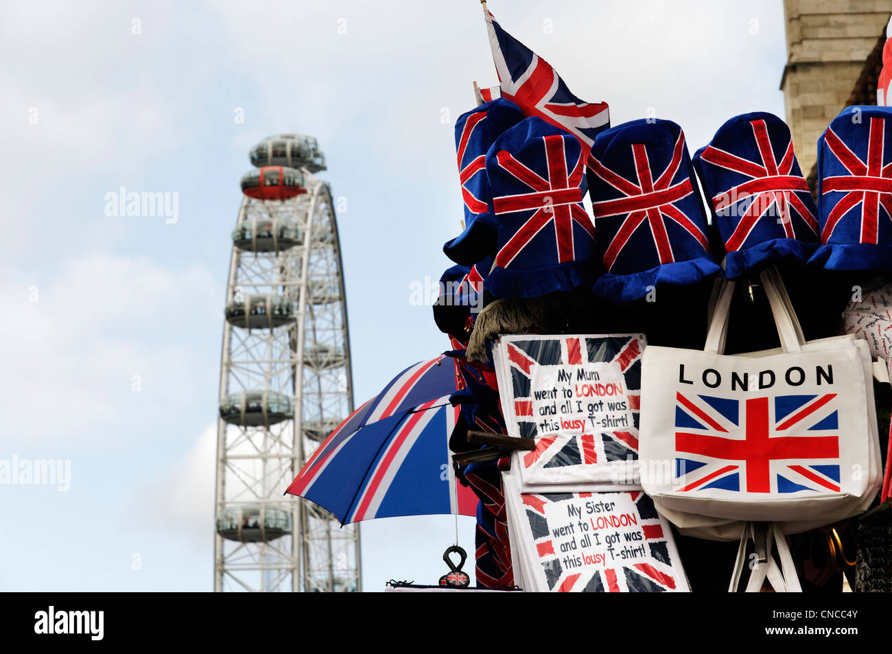 The London Eye and a London souvenirs stall Stock Photo Alamy