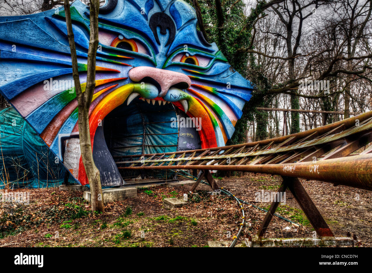 An abandoned roller coaster at the funfair in Treptower Park (aka Spreepark) in ex East Berlin Stock Photo