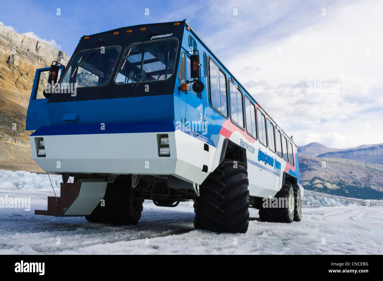 Snow Coach tour bus at the Athabasca Glacier. The Athabasca is the most
