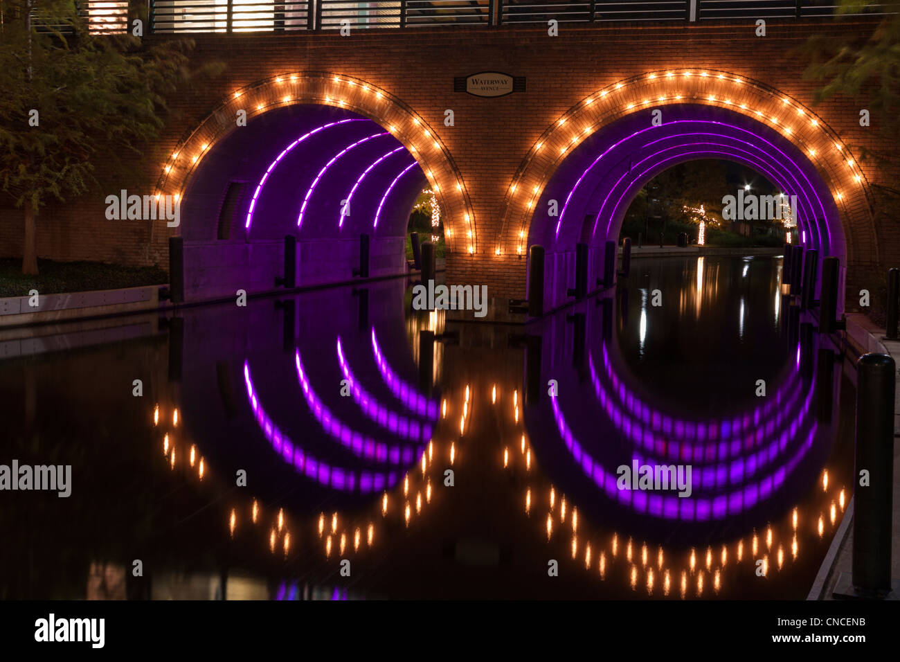 Christmas Lights at night on The Woodlands Waterway in The Woodlands