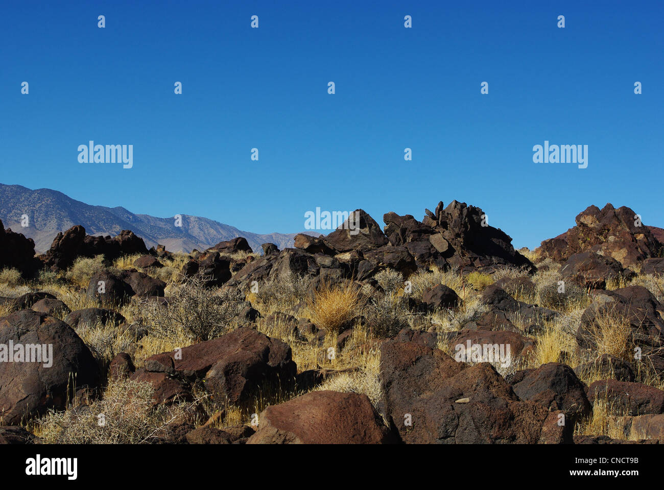 Black rocks and mountains near South Haiwee Reservoir, California Stock