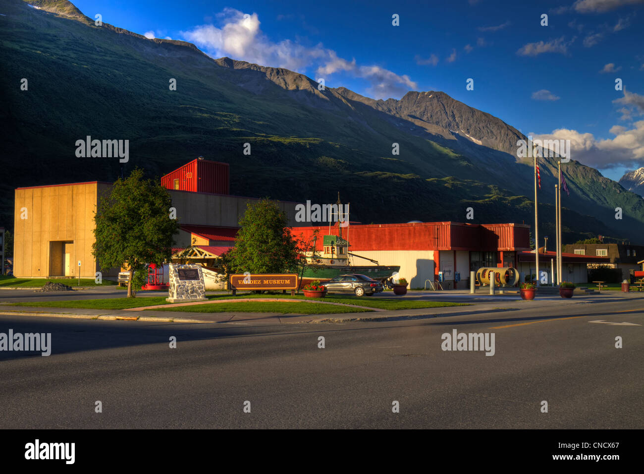 View of Valdez City Hall in downtown Valdez at sunset with Valdez ...