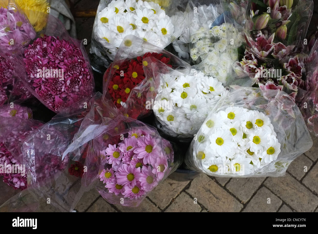 Cut Flowers for sale on a market stall in a High Street Stock Photo