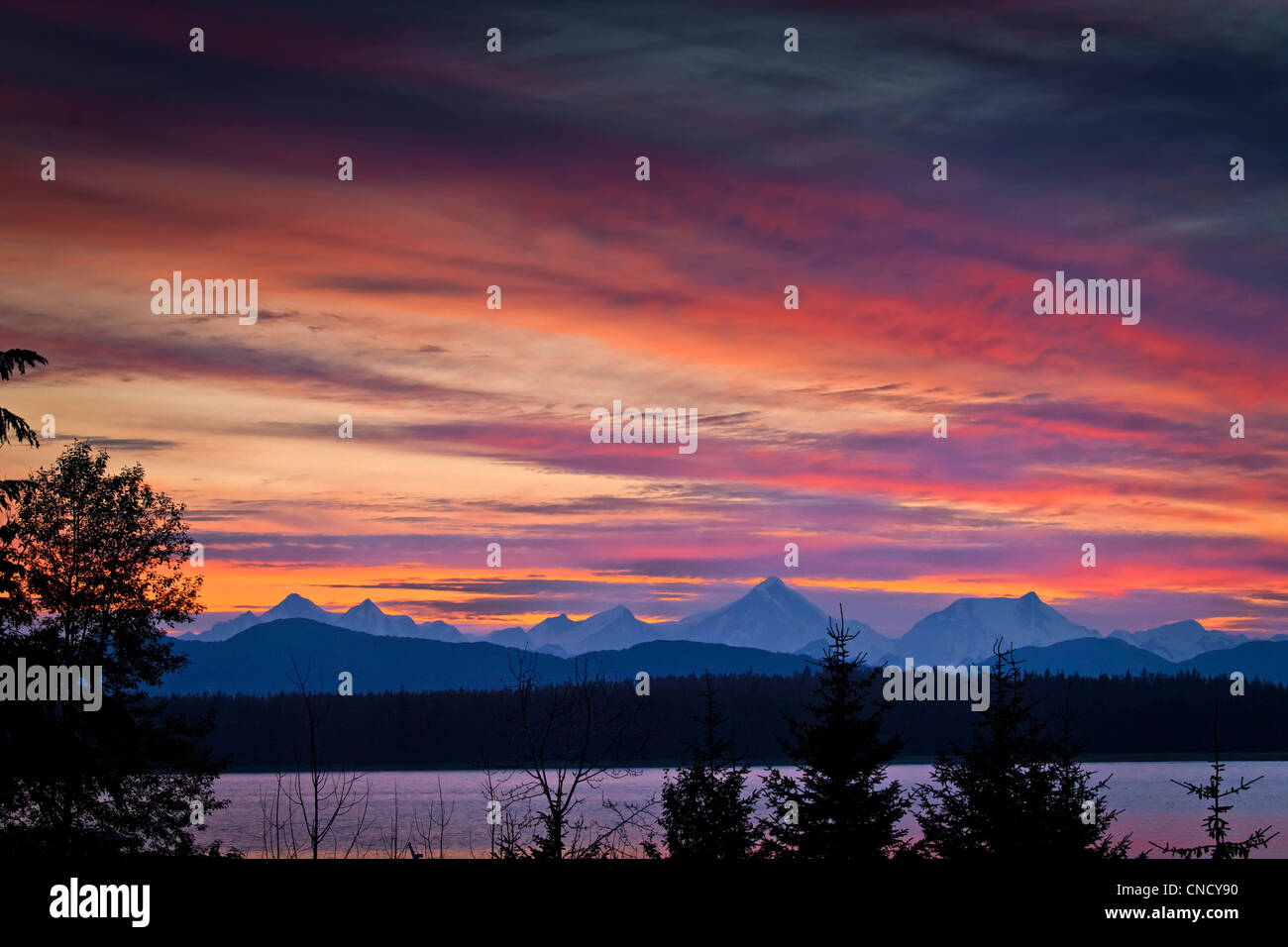Fairweather Mountains seen from Bartlett Cove at sunset, Glacier Bay
