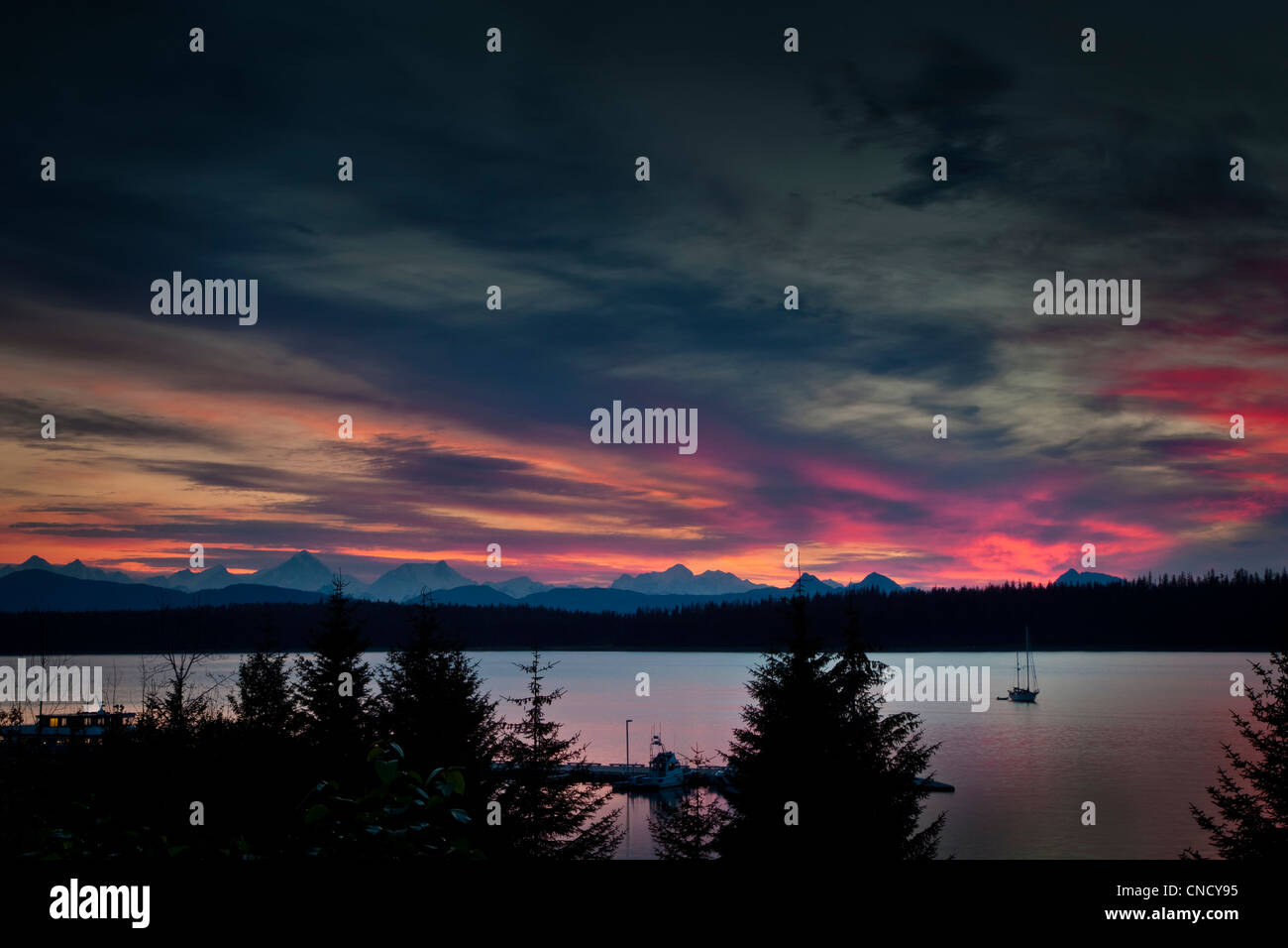 Fairweather Mountains seen from Bartlett Cove at sunset, Glacier Bay