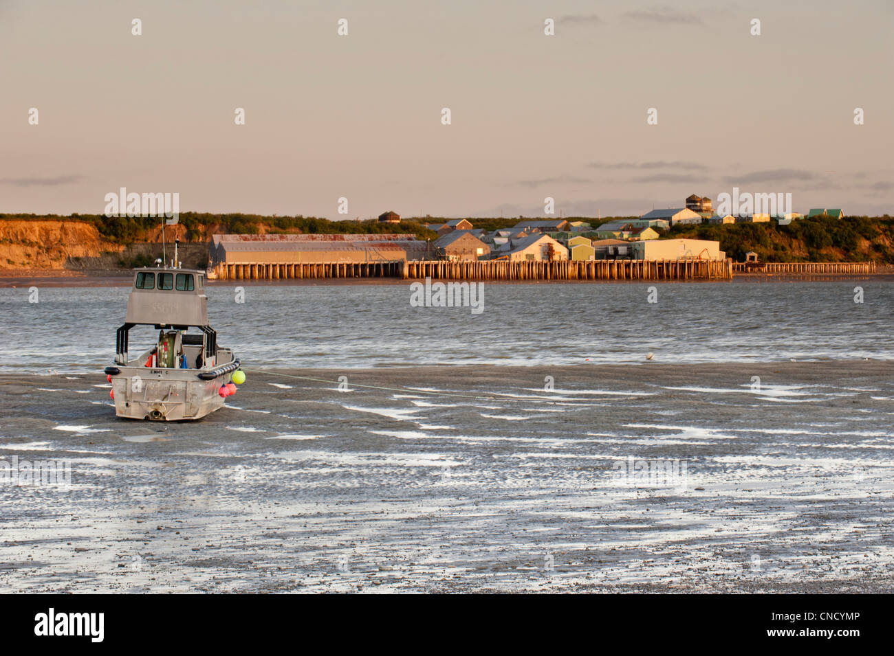 A drift net boat rests on the mud flats of the Naknek River at sunset