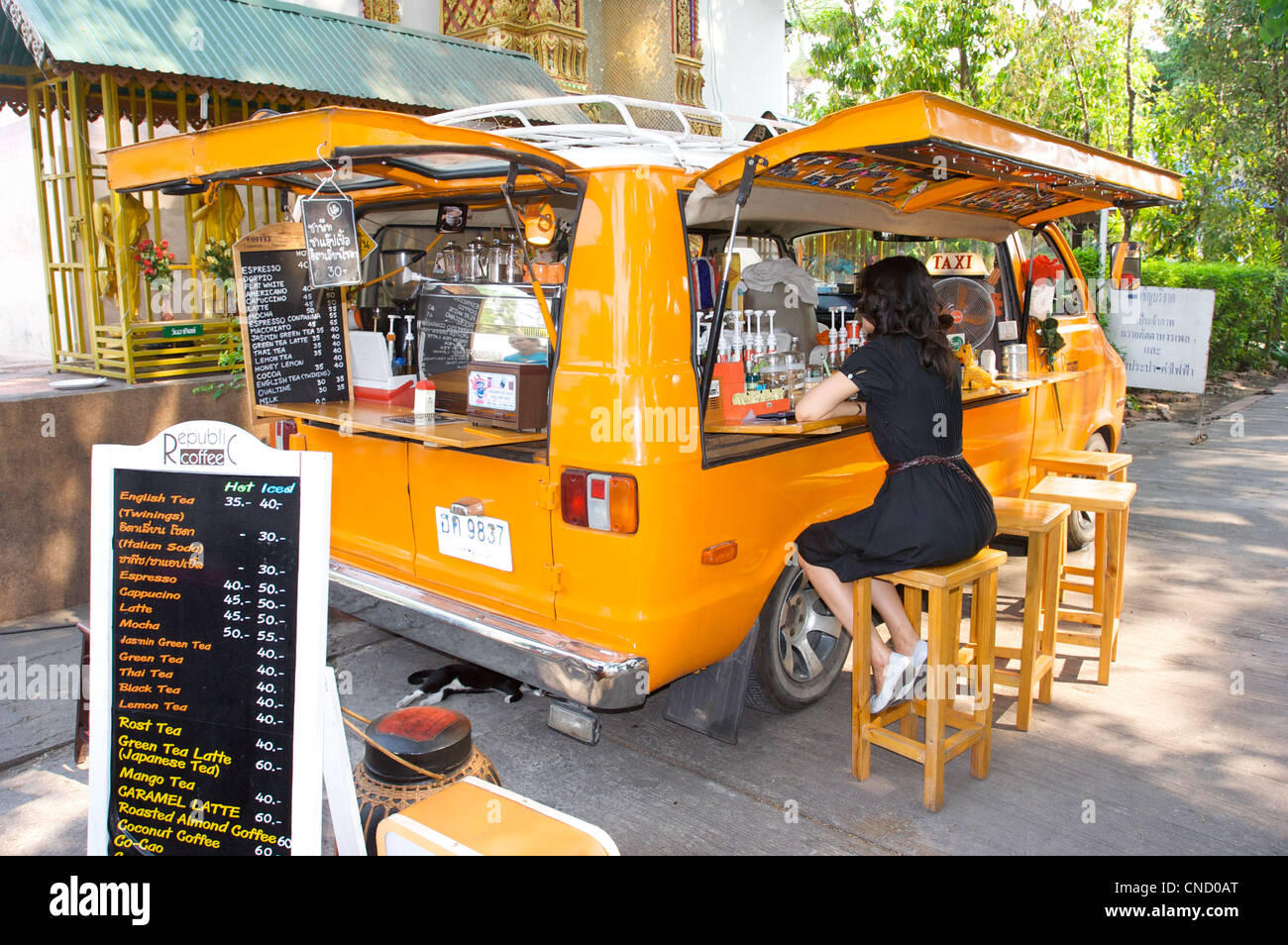 Coffee van, Yellow camper van cafe,Chiang Mai,Thailand Stock Photo