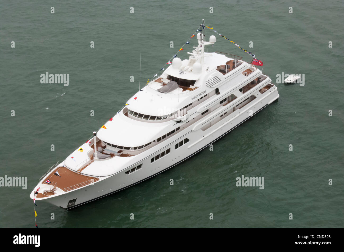 76 Metre Motor yacht Ocean Victory at Anchor seen from the air Stock Photo