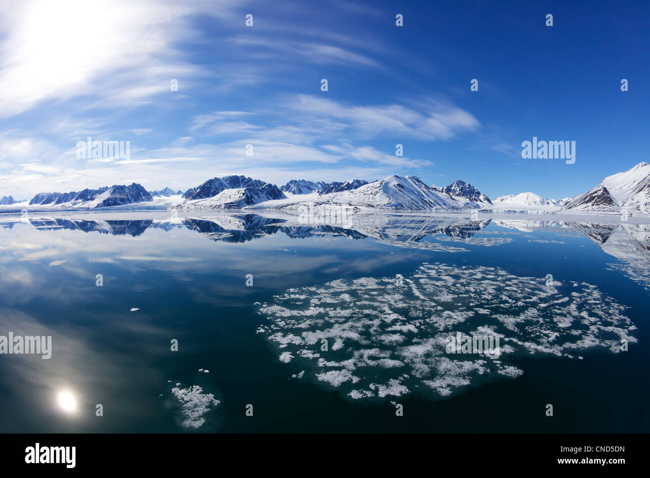 Sea ice and Monaco glacier in summer, Liefdefjorden, Spitzbergen, Svalbard, Arctic Norway, Europe Stock Photo