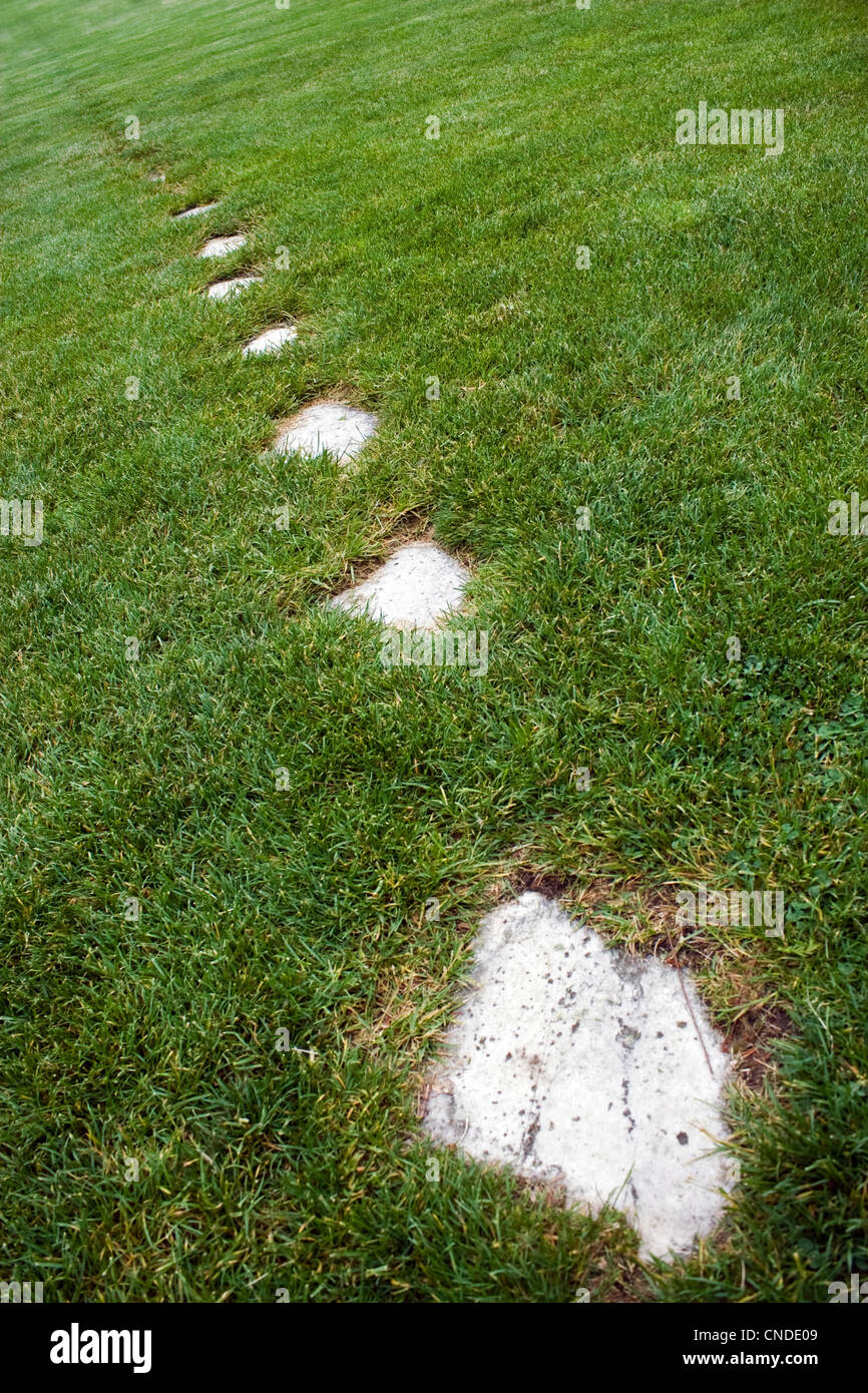 A stone foot path through some green grass. Stock Photo