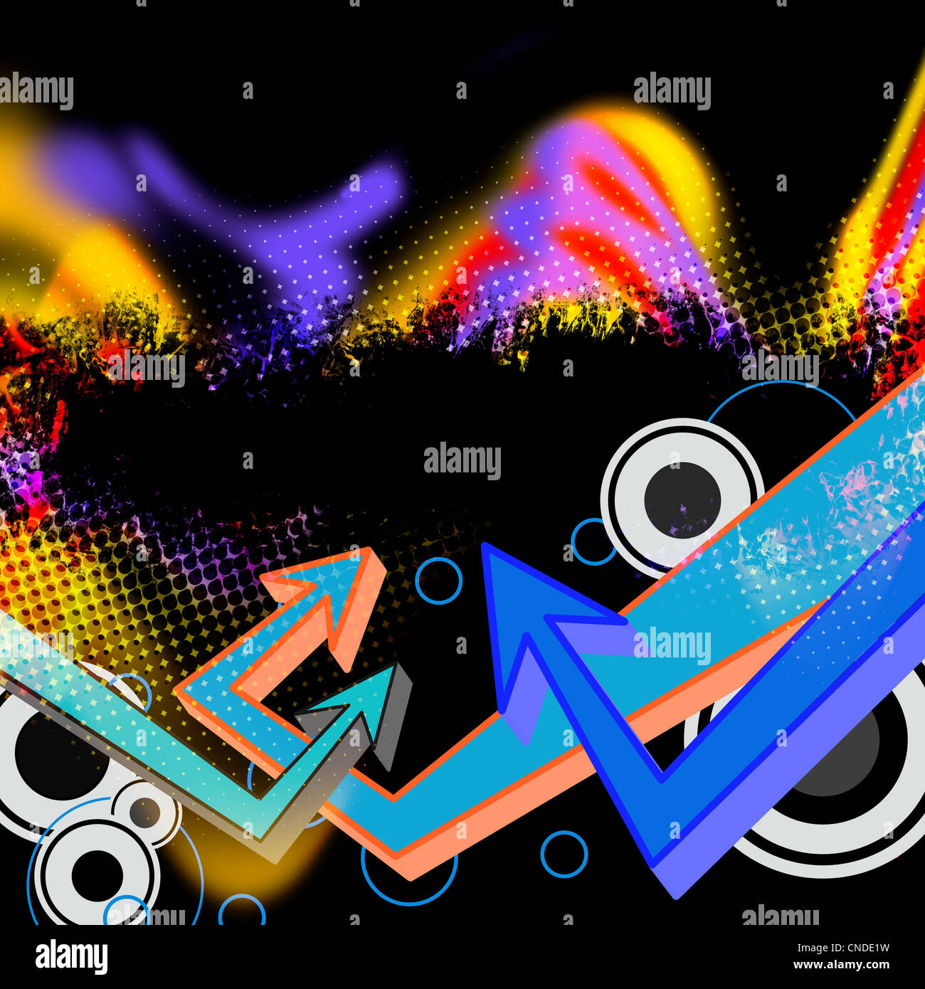 A funky multicolored grunge layout with graffiti arrows and halftone ...