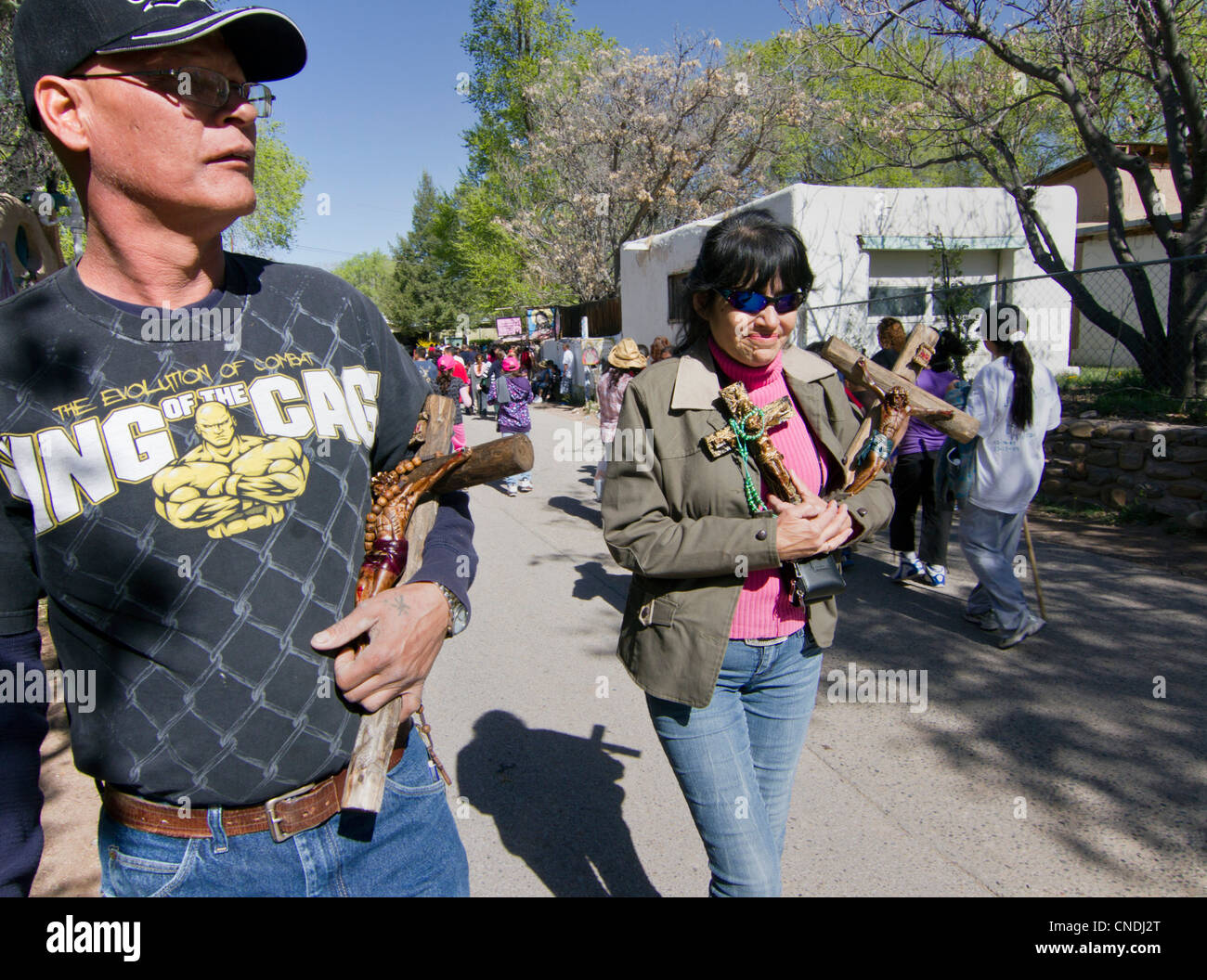 Pilgrims during the annual pilgrimage to the Sanctuary of Chimayo, New Mexico, held at Easter. Stock Photo