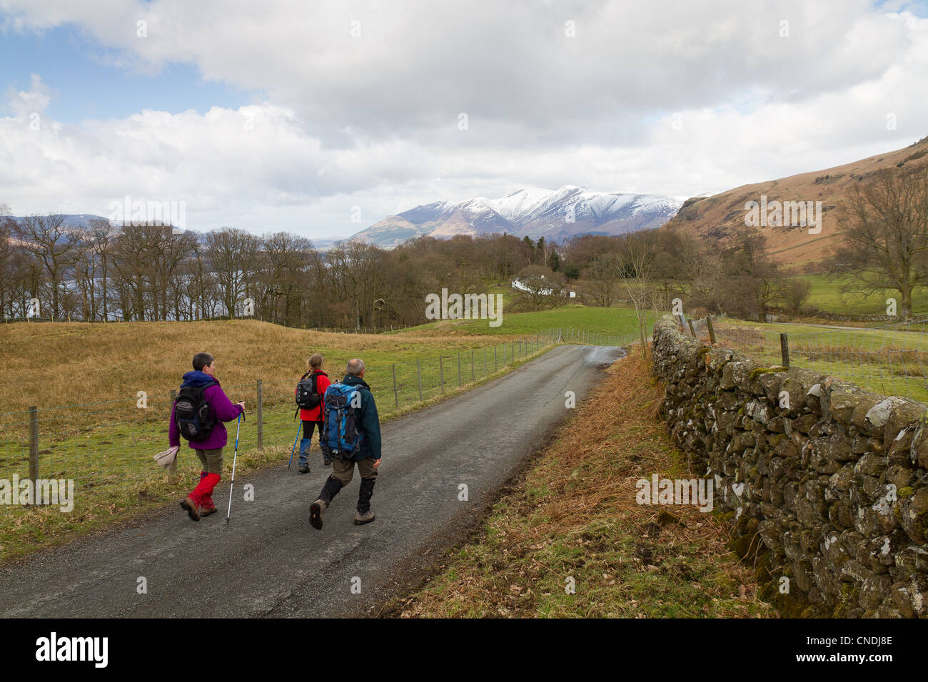 Countryside ramblers and snow capped mountains above Derwent Water in Lake District, Cumbria, UK Stock Photo