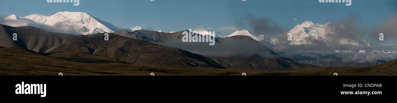 Panorama of the Alaska Range of Mountains. Mount McKinley (20320') far right. Denali National Park, Alaska. Stock Photo