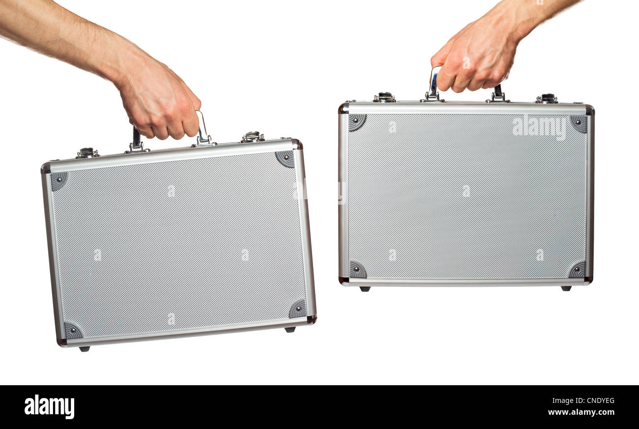 Silver metal briefcase in hands. Isolated on white Stock Photo Alamy