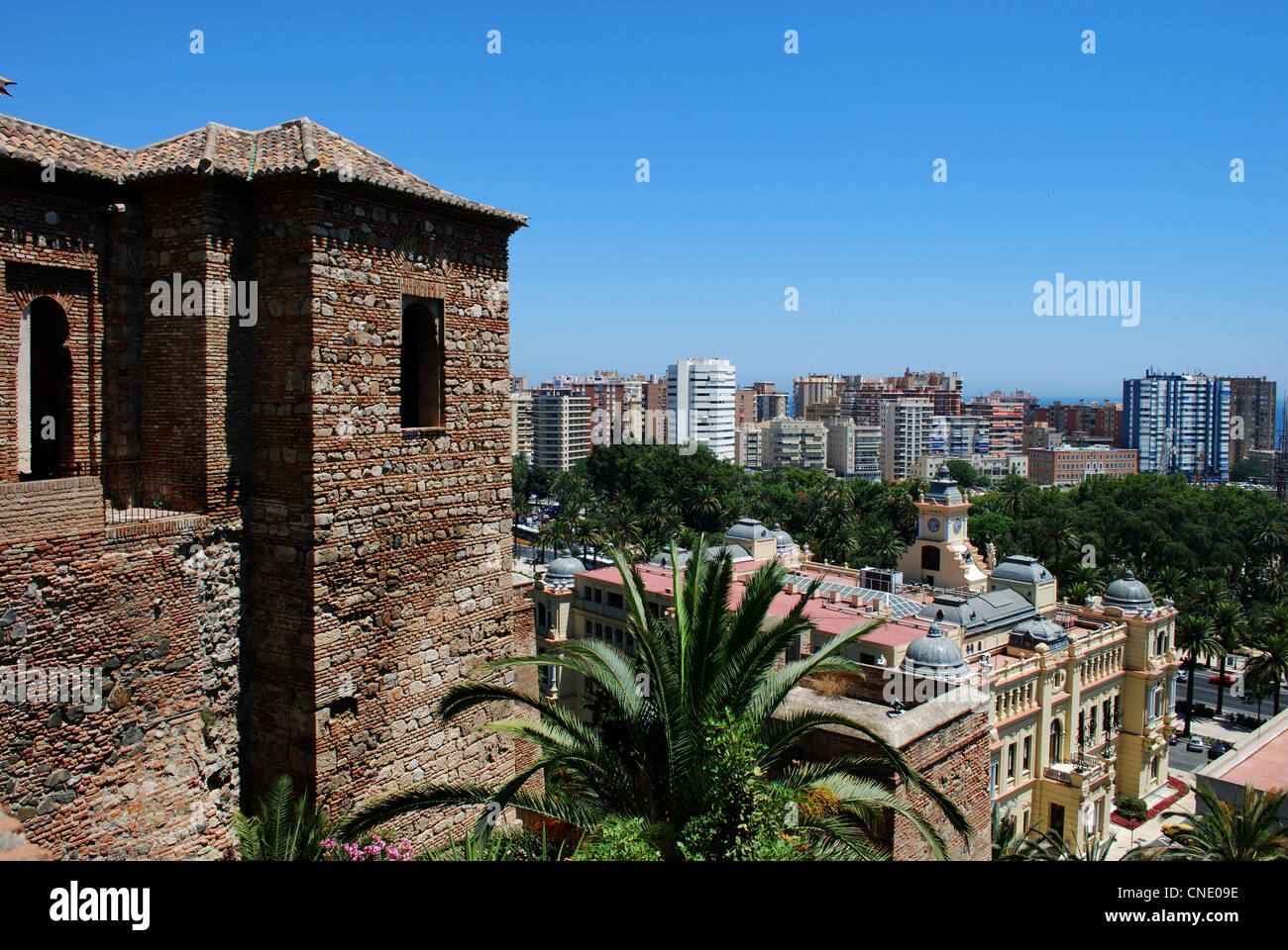 Torre de Maldonado with view down to buildings on the Paseo Maritimo, Alcazaba de Malaga, Malaga, Andalucia, Spain, Europe. Stock Photo
