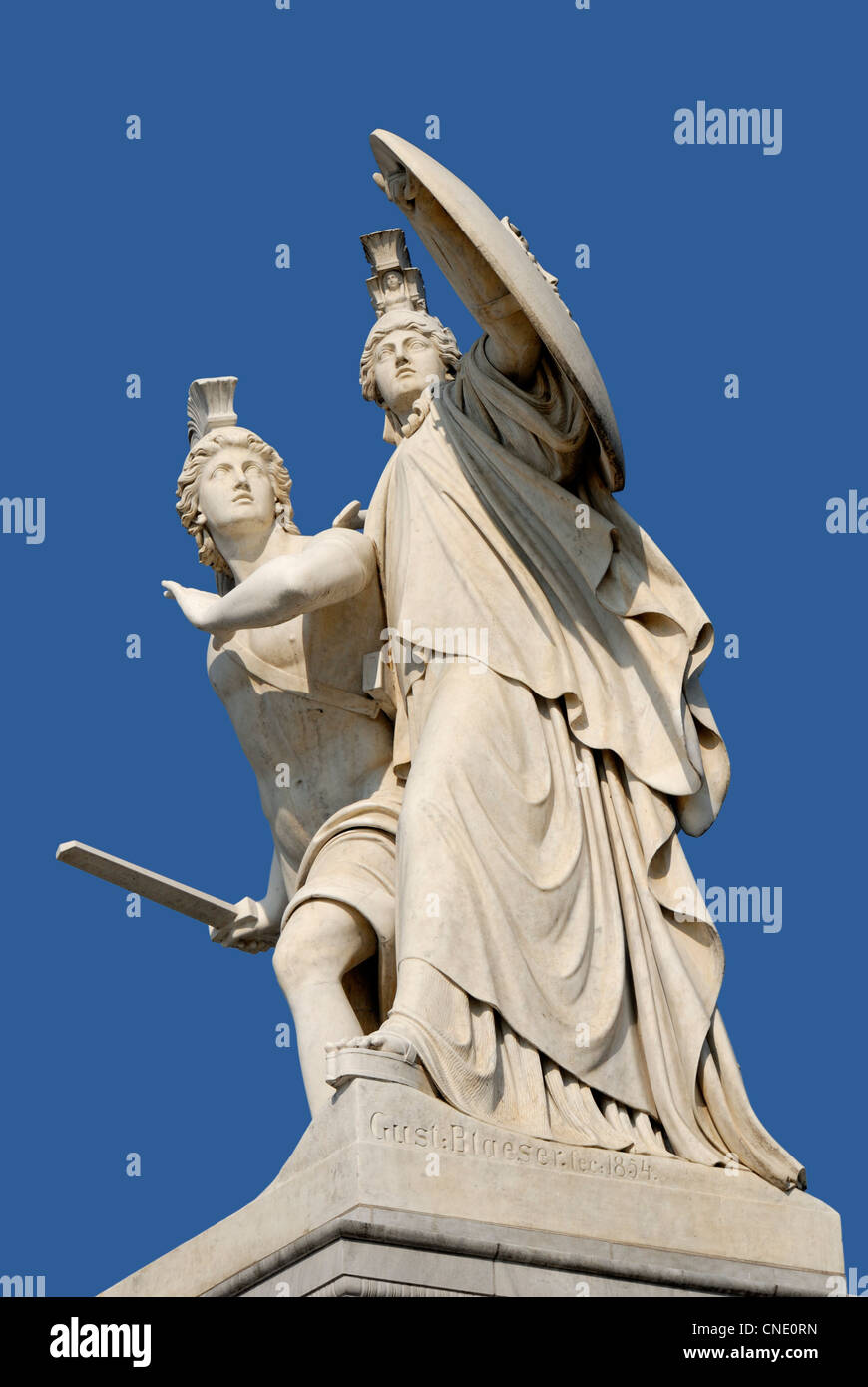 Berlin, Germany. Statue on Schlossbrucke (bridge) Attacking the enemy, protected by Pallas at his side (Gustav Bläser, 1854) Stock Photo