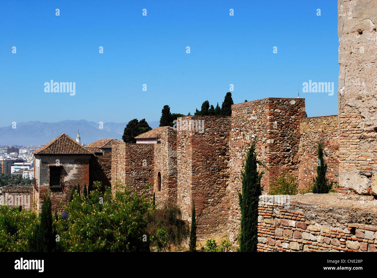 Upper walled precinct of the citadel viewed from the South, Alcazaba de Malaga, Malaga, Andalucia, Spain, Western Europe. Stock Photo