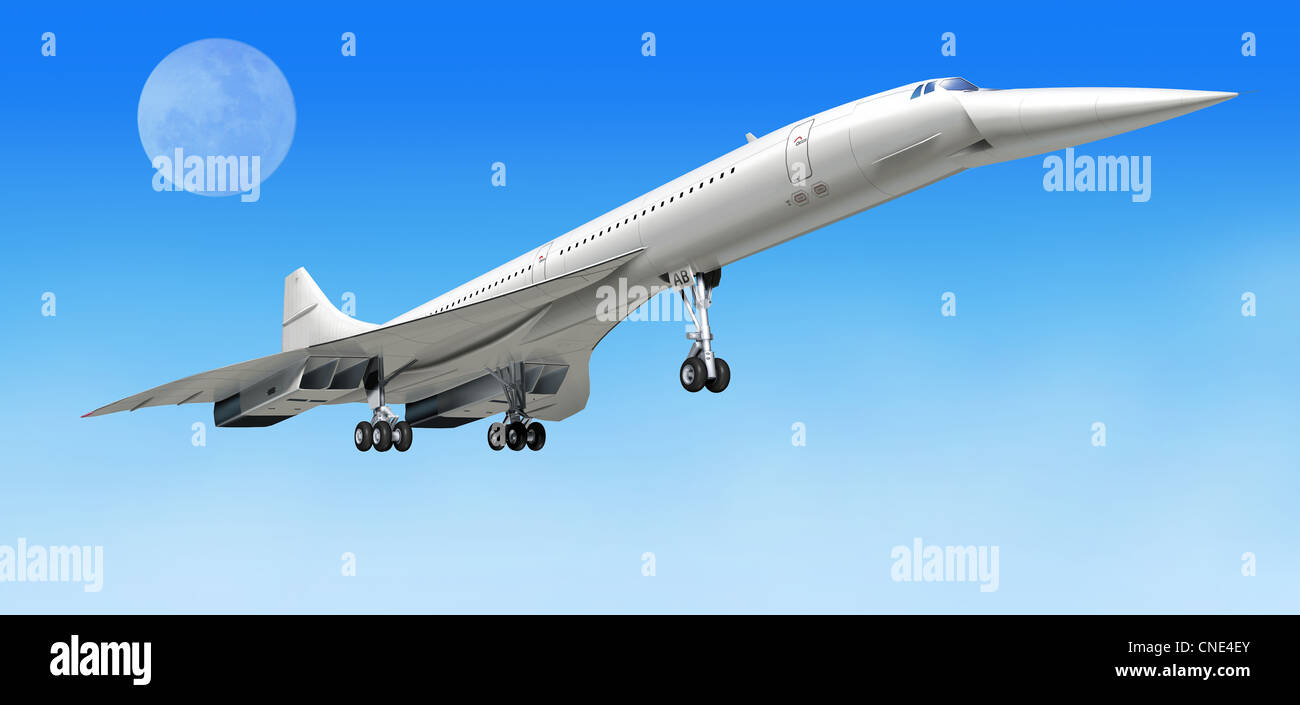 Concorde supersonic airliner aircraft, during take off, or landing. On clear blue sky and big moon as background. clipping path Stock Photo