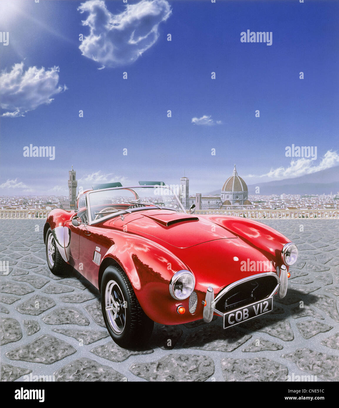 AC Cobra car, in Michelangelo Square in Florence, Italy. With the cityscape in the background. Airbrush illustration. Stock Photo