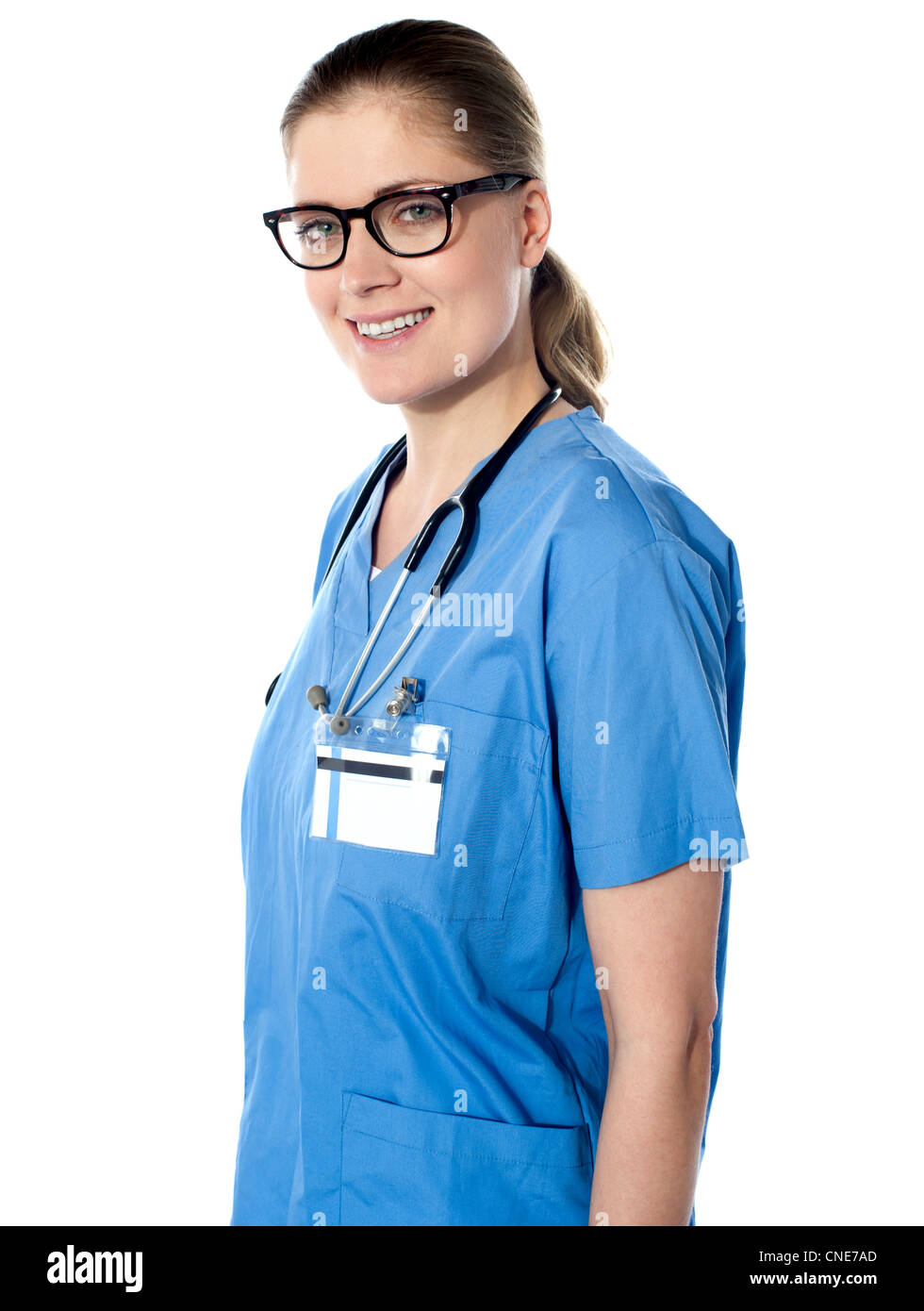 Image of an exprienced physician, stethoscope around her neck Stock Photo