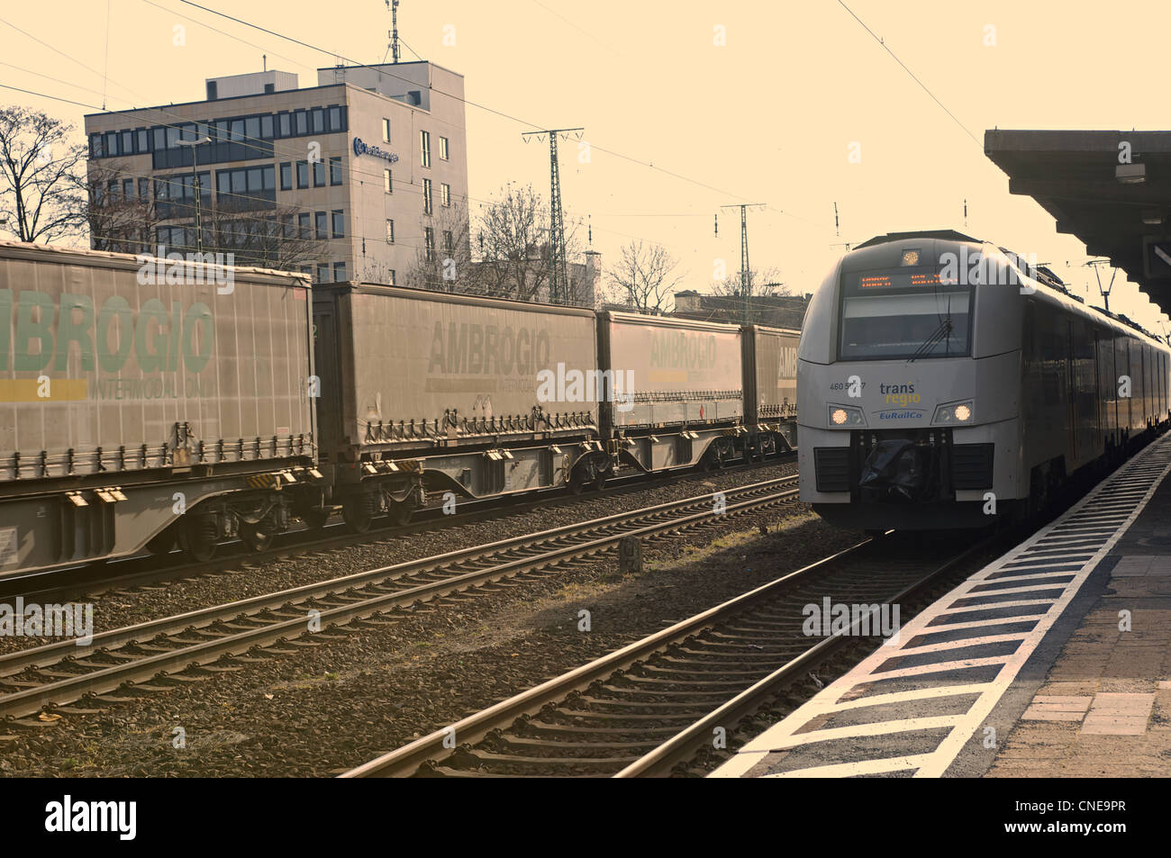 Freight and passenger trains, Germany. Stock Photo