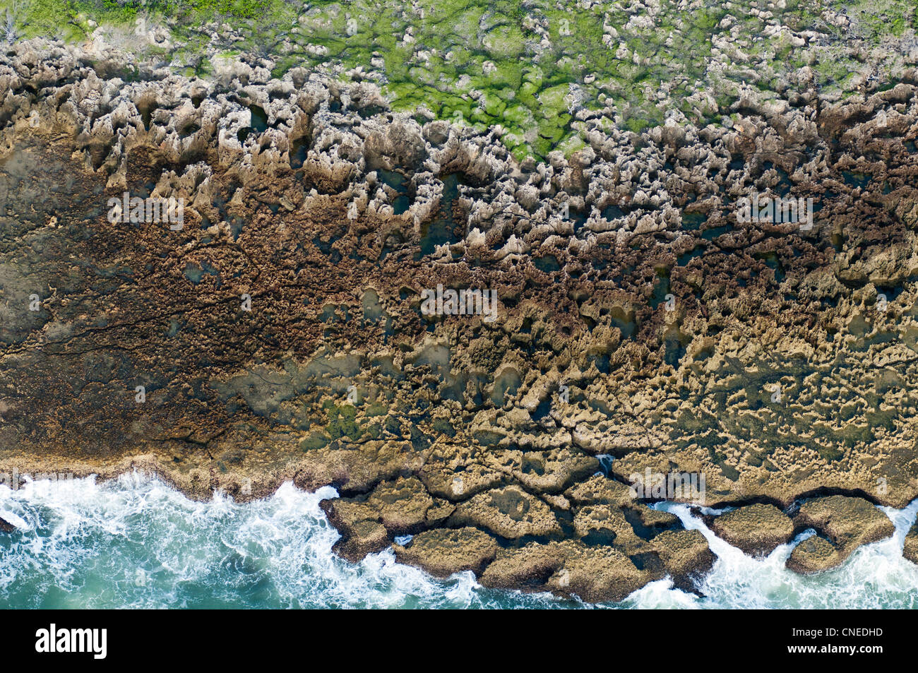 Waves breaking on a coral coast, aerial view, Pwani Region, Tanzania Stock Photo