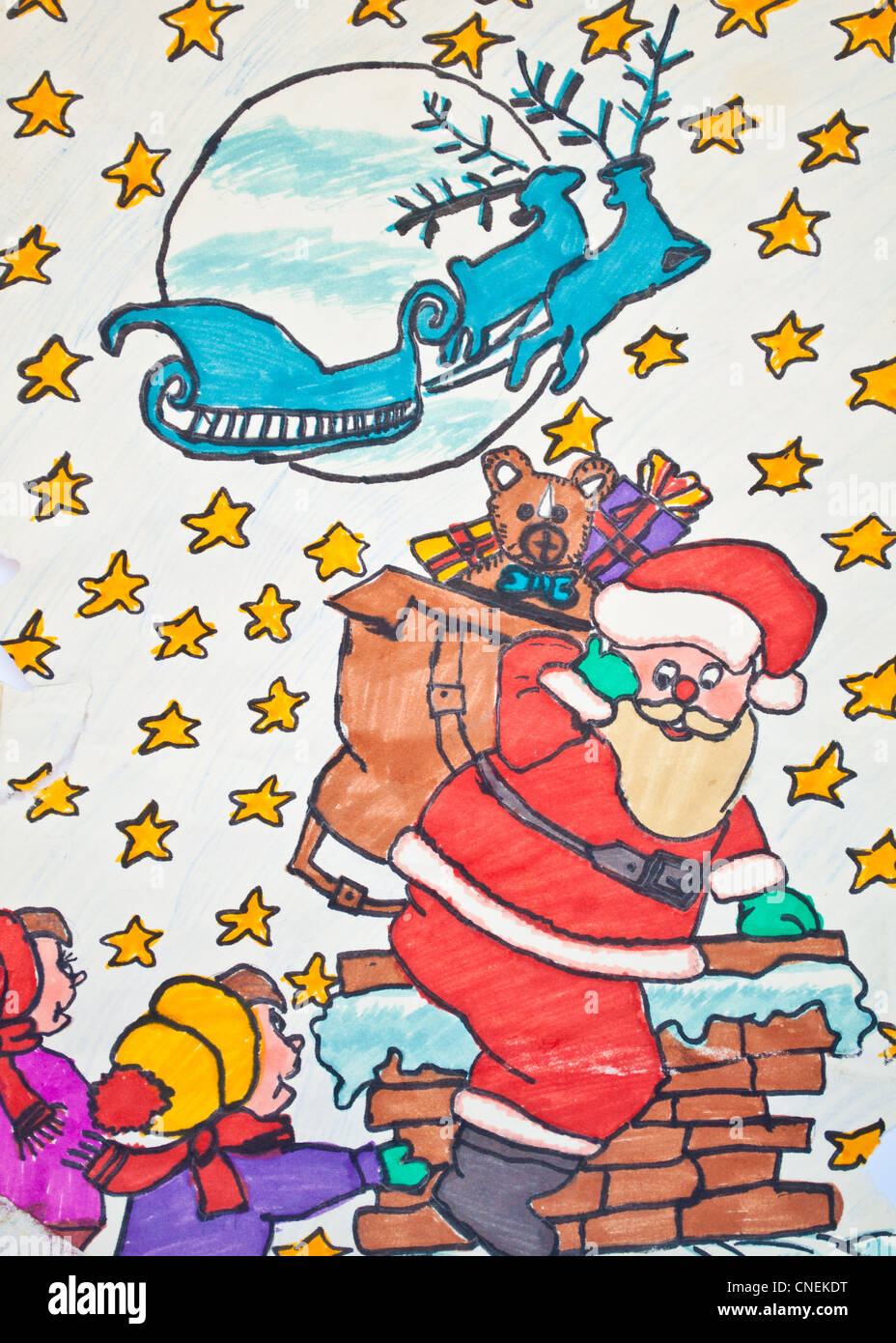 Child's drawing of Santa Claus holding guft bag with children ...