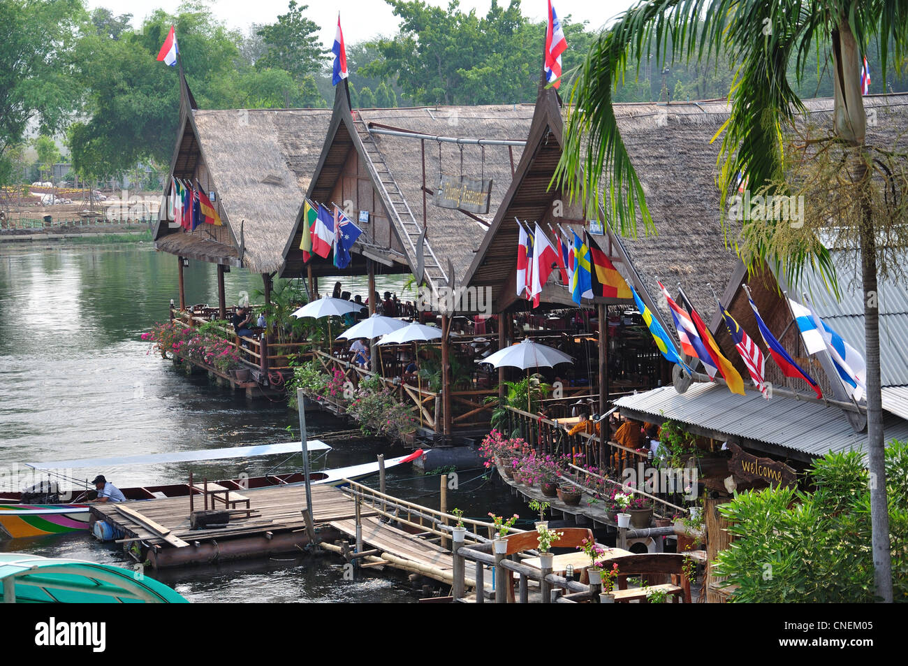 Restaurant by The Bridge over the River Kwai, Kanchanaburi, Kanchanaburi Province, Thailand Stock Photo