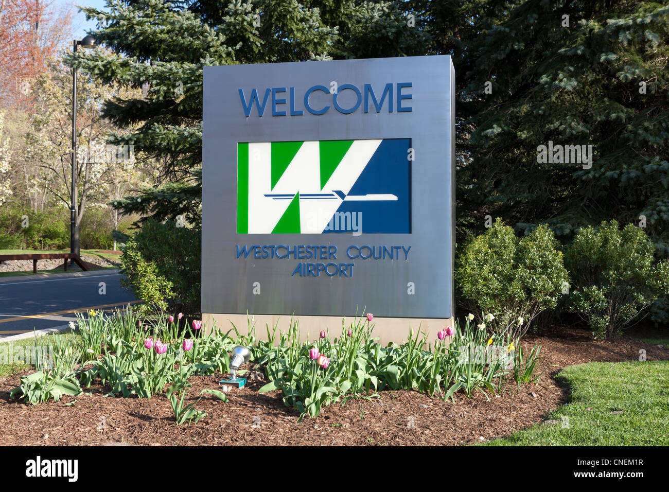 Welcome sign at the entrance to the Westchester County Airport near White Plains, New York Stock Photo