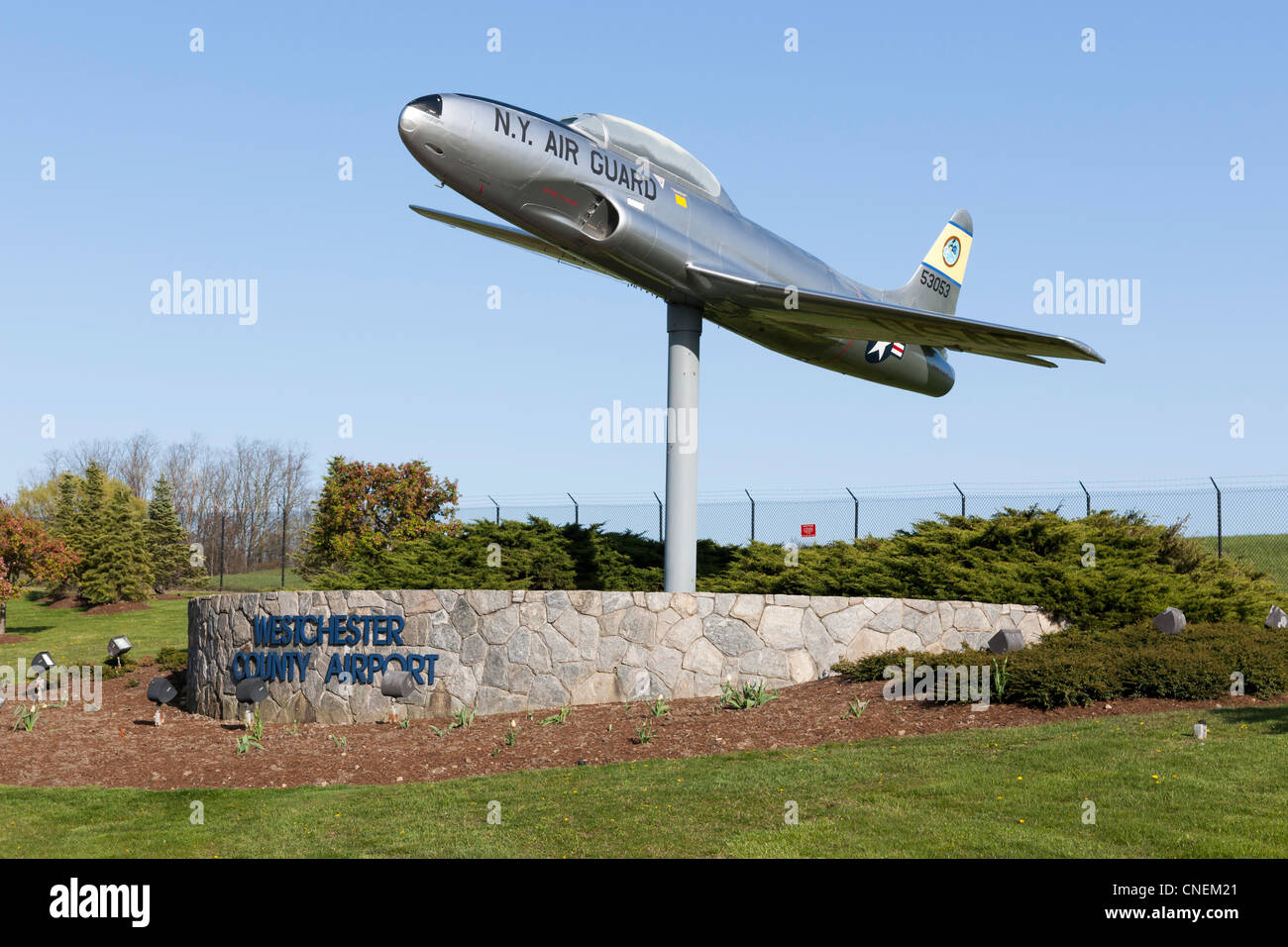 New York Air National Guard Lockheed T-33 at the entrance to the Westchester County Airport near White Plains, New York. Stock Photo