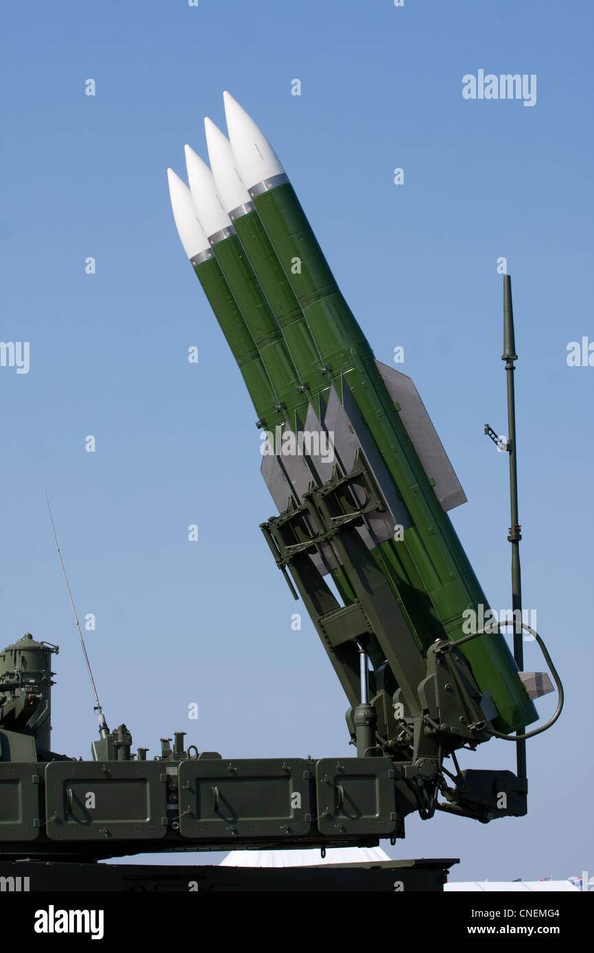 Several Russian combat missiles aimed at the sky. Ready to fly. Stock Photo