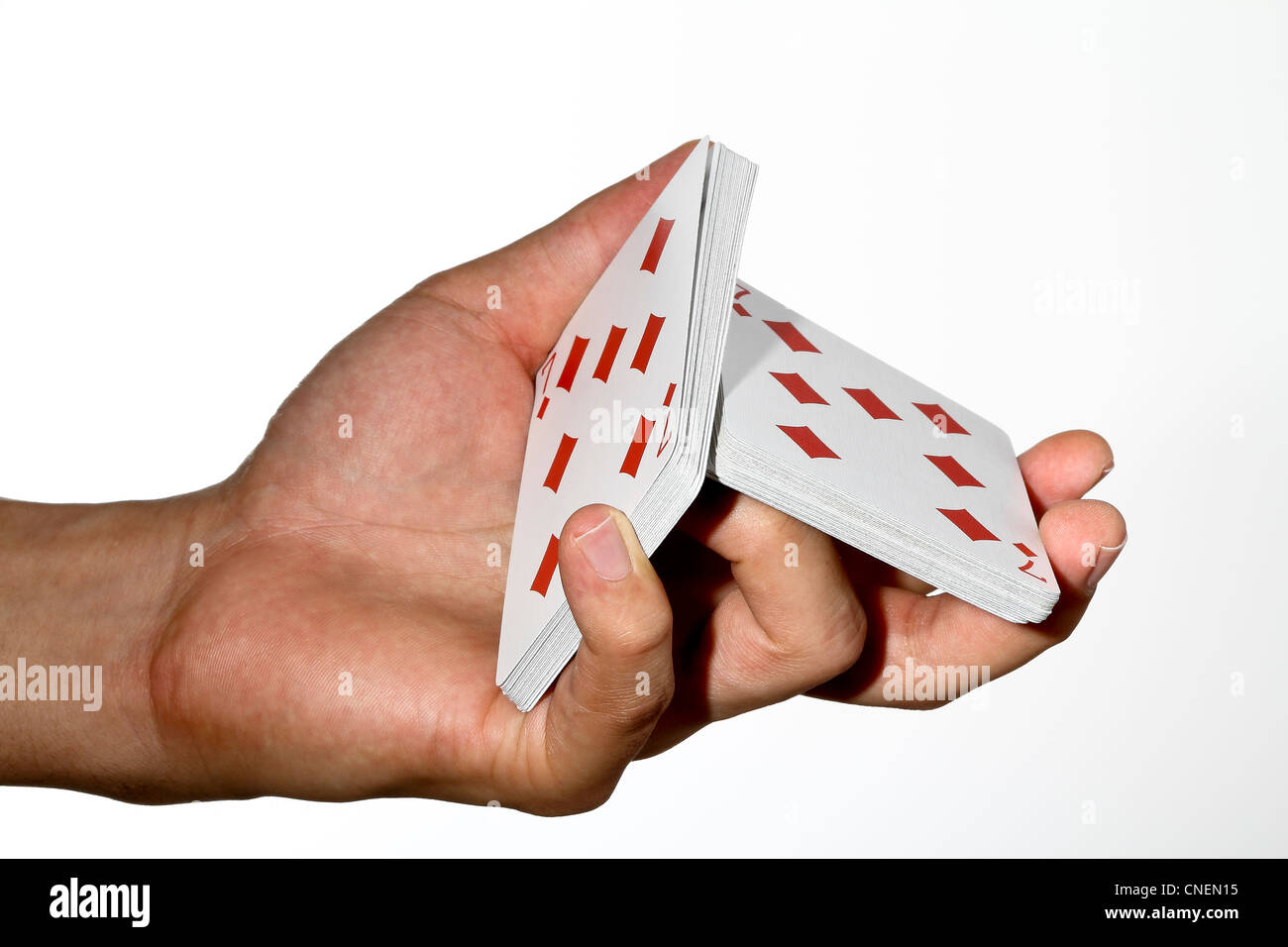 Deck of cards split in hand Stock Photo Alamy