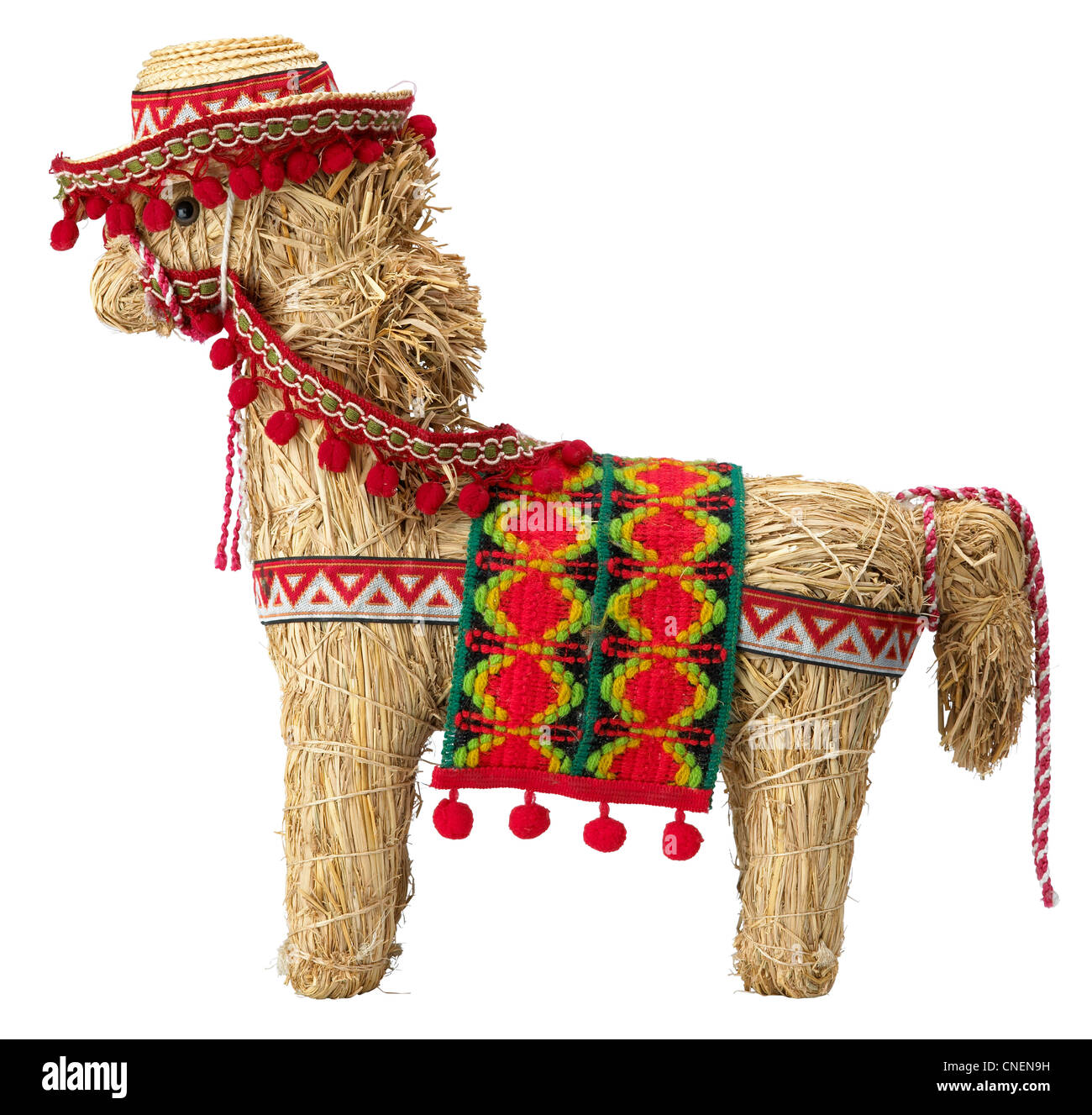 side view of a straw spanish donkey with clipping path isolated on white Stock Photo