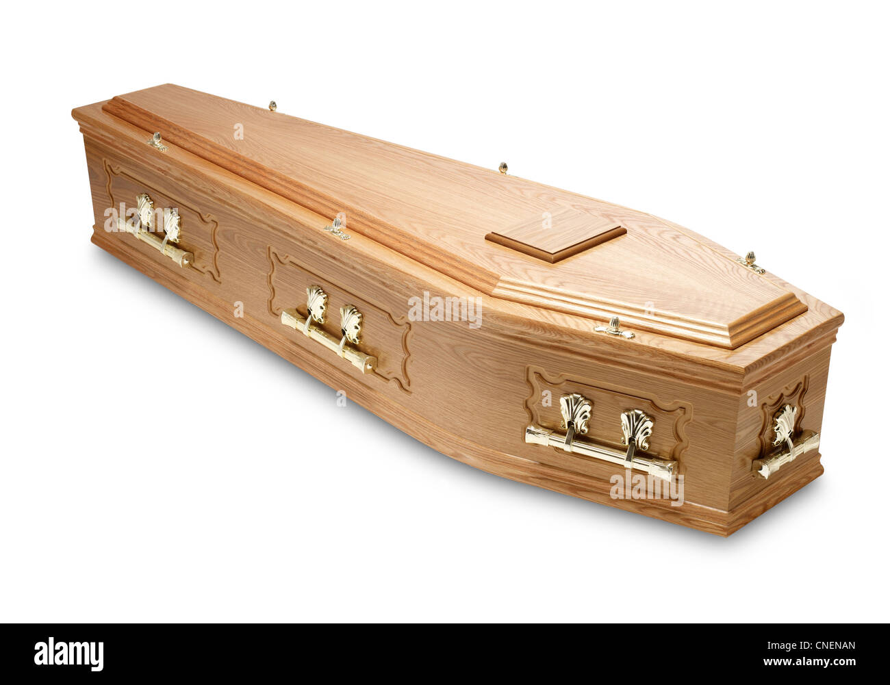 an ornate mahogany coffin casket with brass handles and name plaque