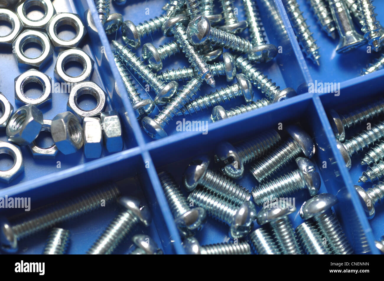 Nut and bolt in blue box Stock Photo Alamy