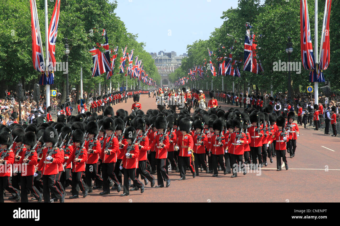 Procession in The Mall at Trooping of the Colour Ceremony with Grenadier guards in foreground. Stock Photo