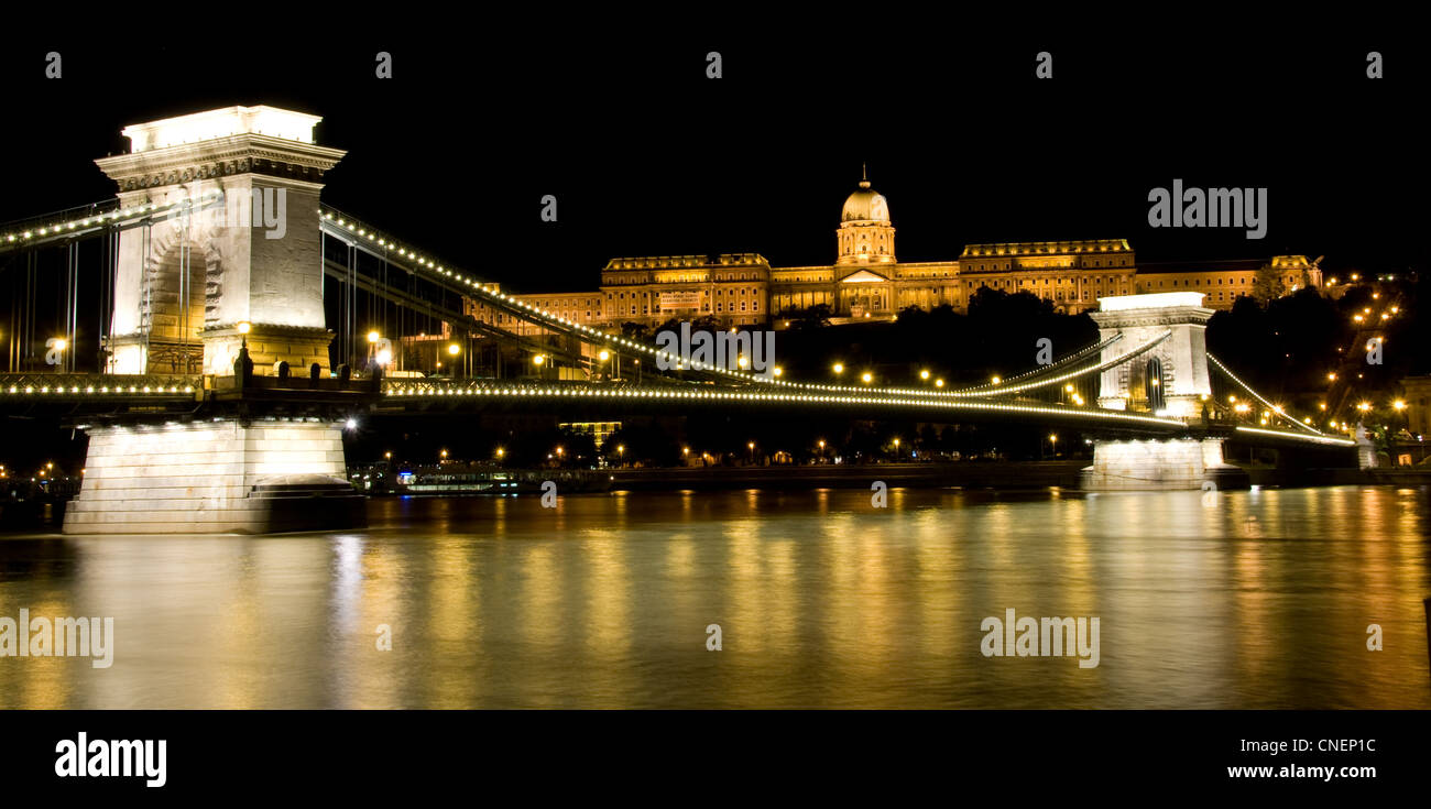 Night view of Buda Castle and Chain Bridge with illumination Stock Photo