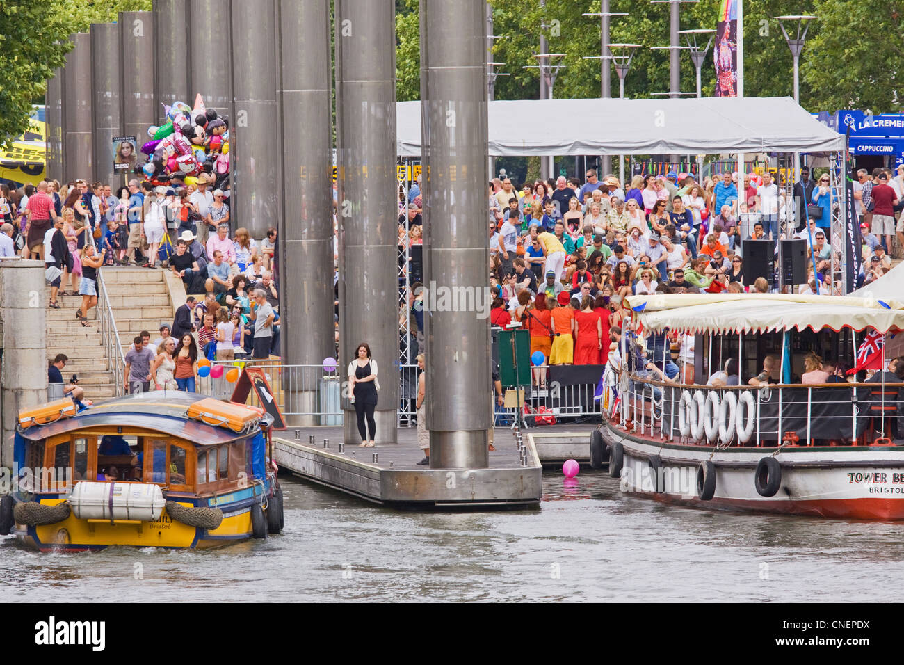 Ferries used to transport numerous passengers to and from different parts of Bristol  harbour during the annual free festival Stock Photo