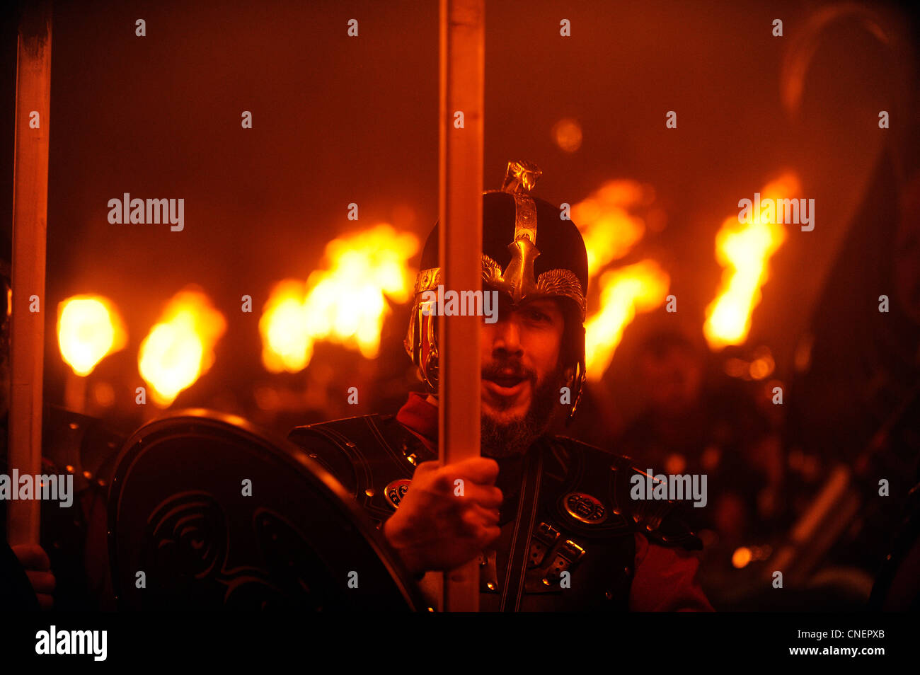 Up Helly Aa festival in Lewrwick, Shetland Islands. Up to two thousand men take part in the Viking fire festival. Stock Photo