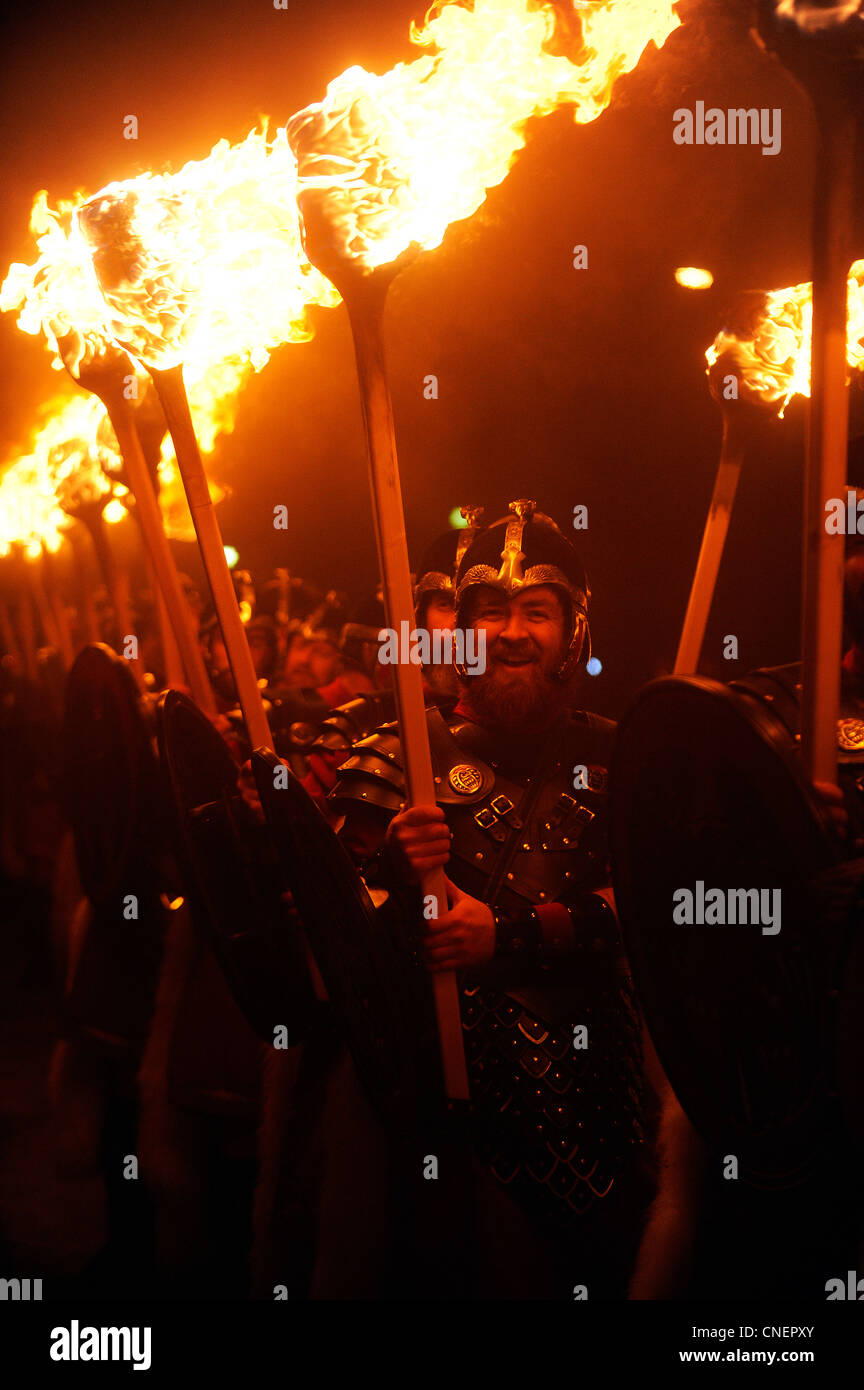 Up Helly Aa festival in Lewrwick, Shetland Islands. Up to two thousand men take part in the Viking fire festival. Stock Photo