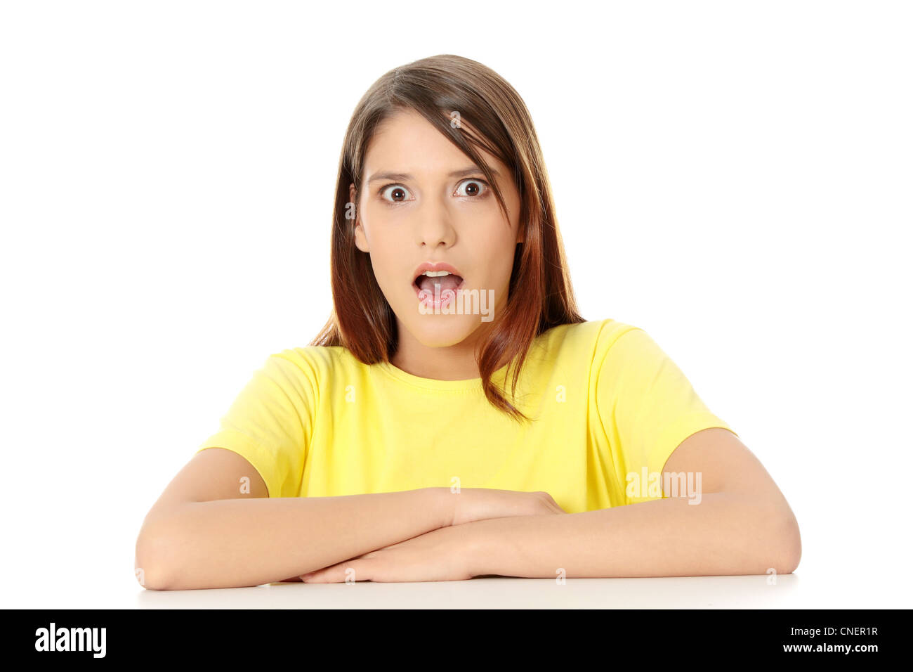 Amazed woman isolated on white background Stock Photo - Alamy