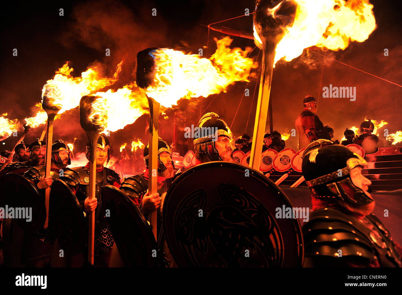 Up Helly Aa festival in Lewrwick, Shetland Islands. Up to two thousand men take part in the Viking fire festival. Stock Photo