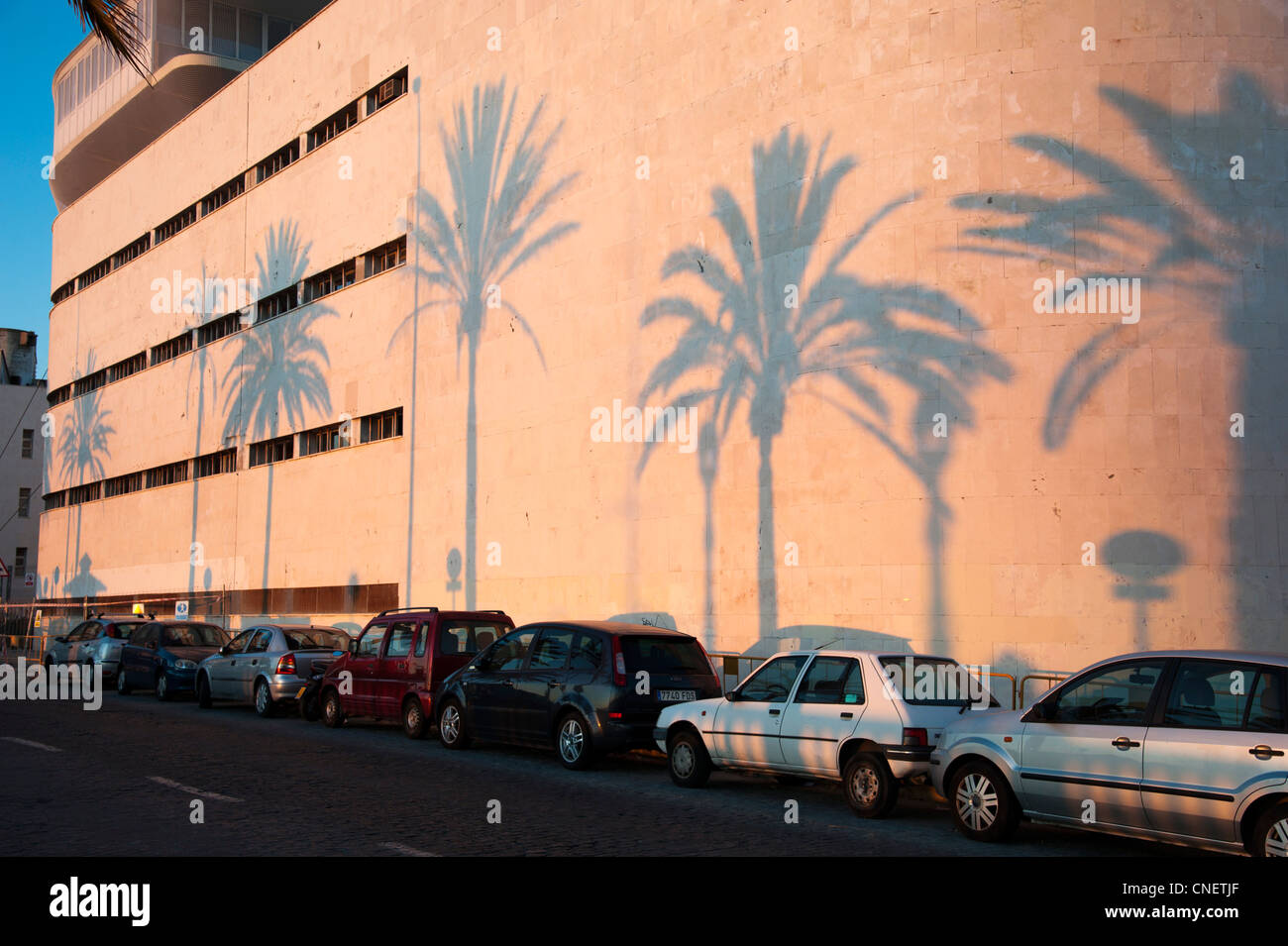 shadows of Palmtrees on building near Playa de La Caleta, Cadiz, Andalusia, Spain Stock Photo
